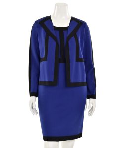 St. John Knits 2Pc Oceana Blue/Black Caviar Milano Knit Jacket & Dress Suit