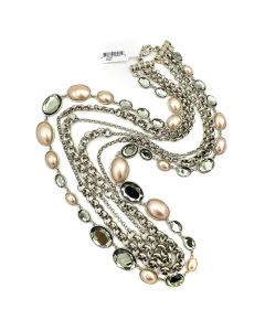 St. John Knits Crystal/Pink Pearl Cab Multi-Strand Chain Necklace