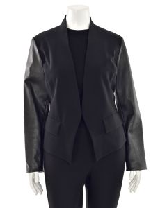 St. John Knits Leather Trimmed Triacetate Knit Open Front Jacket