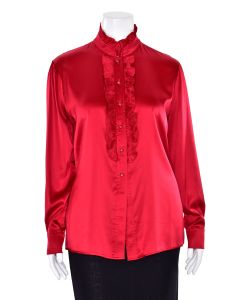 St. John Red Silk Long Sleeve Blouse w/ Ruffled Collar