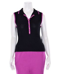 St. John Sport Ribbed Knit Sleeveless Polo in Black/Orchid