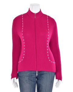 St. John Sport Ribbed Knit Zippered Cardigan in Magenta Pink