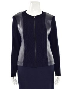 St. John Yellow Label Leather Trimmed Cable Knit Cardigan in Navy