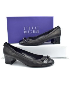 Stuart Weitzman Caplet Napa Leather Heels w/ Patent Trim in Black