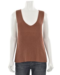 Vince Cotton Ribbed Knit V-Neck Knit Top in Rust